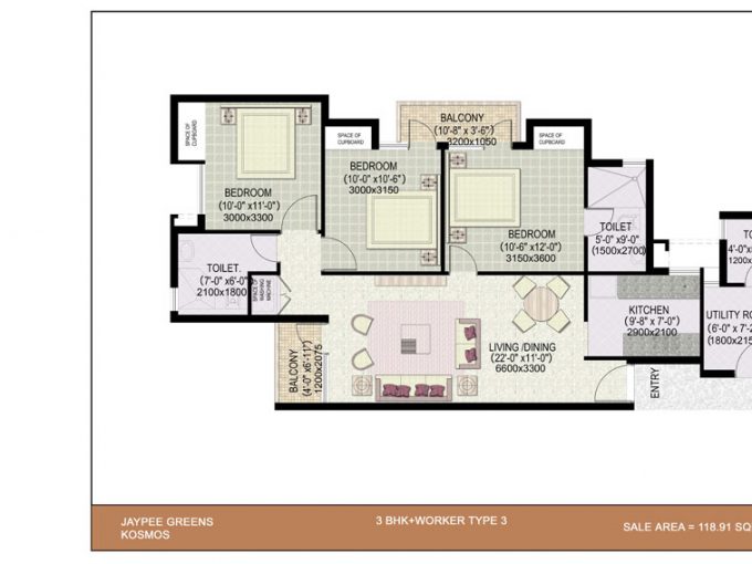 Sector 134 Kosmos 3BHK 1280 sqft floor plan