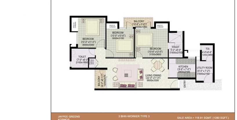 Sector 134 Kosmos 3BHK 1280 sqft floor plan