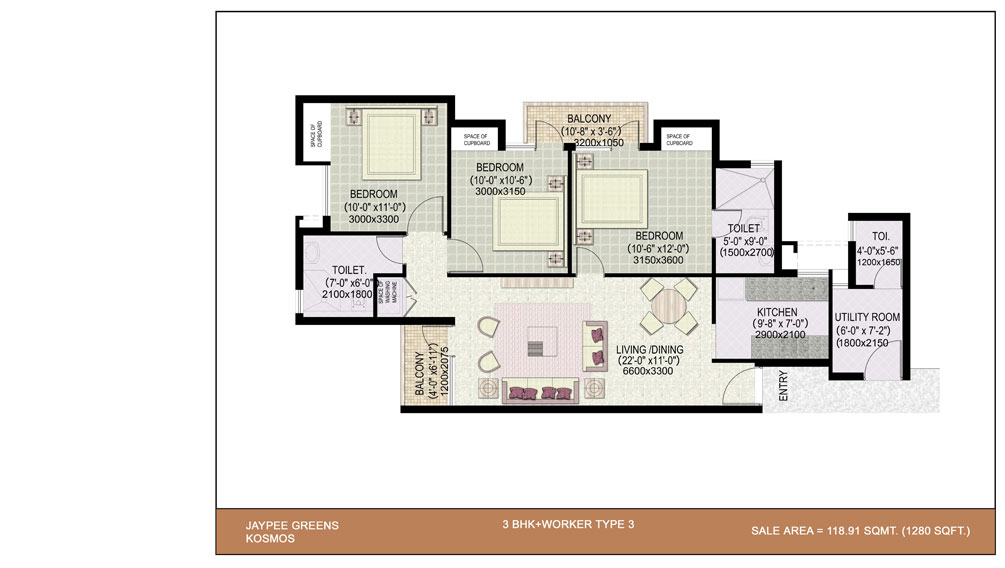 Sector 134 Jaypee Kosmos 3BHK Rent ₹23000